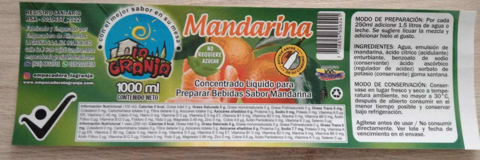 Bebida concentrada de Mandarina 